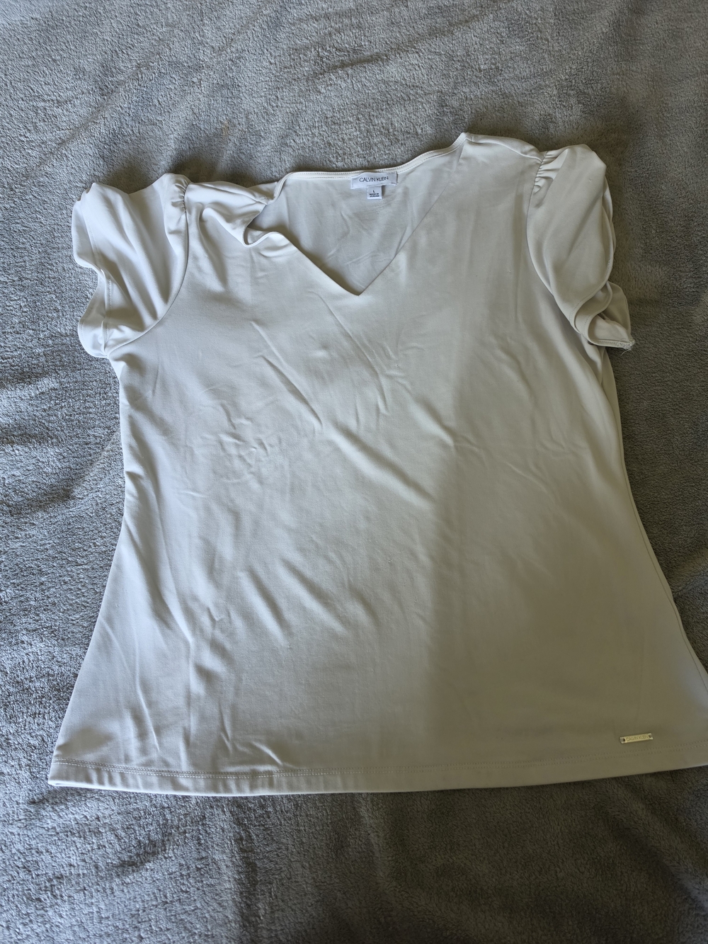 Calvin Klein Cream V-Neck Short Puff Sleeve Tee